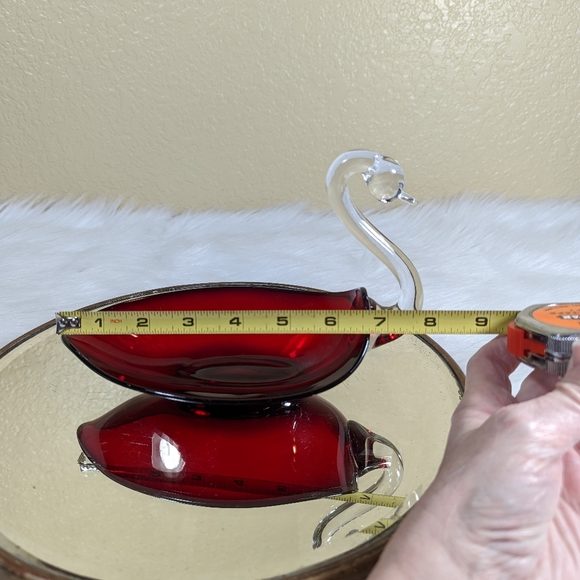 Duncan Miller Ruby Red Glass Swan Dish 8 in Candy Nut Vintage Clear Neck - Picture 7 of 9